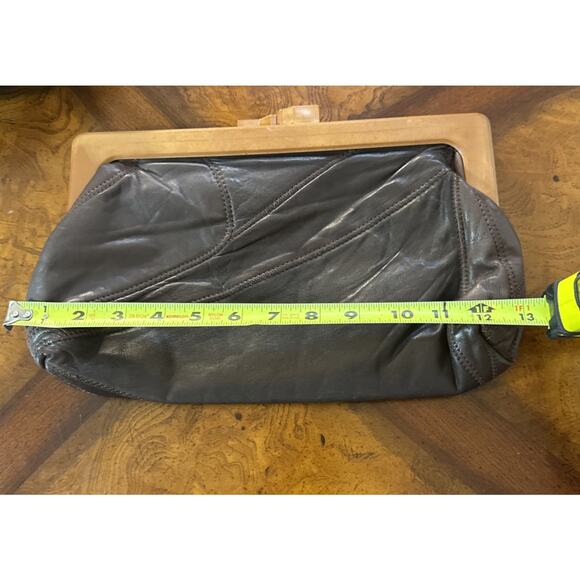 Vintage 1970’s Black Leather Patchwork Clutch Purse Hong Kong Bakelite Handle - Picture 9 of 9